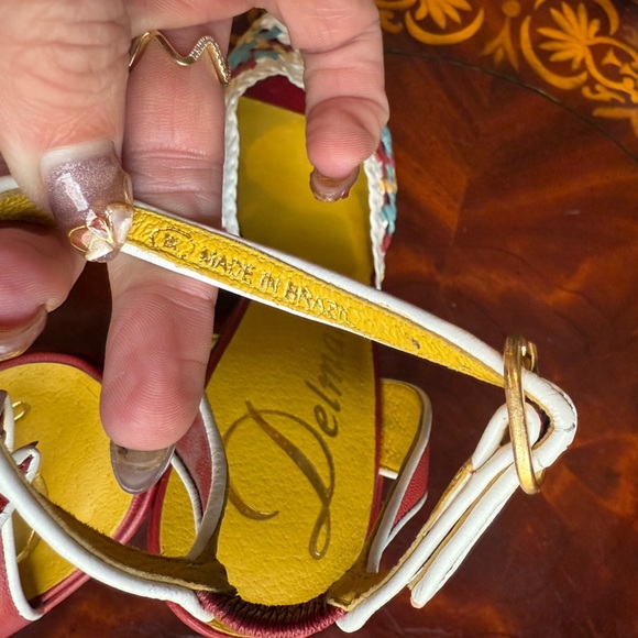 NWOT Delman Red/Yellow Leather Woven Peep toe Sandals 4” heel Size 8 MSRP $295 - Picture 5 of 13